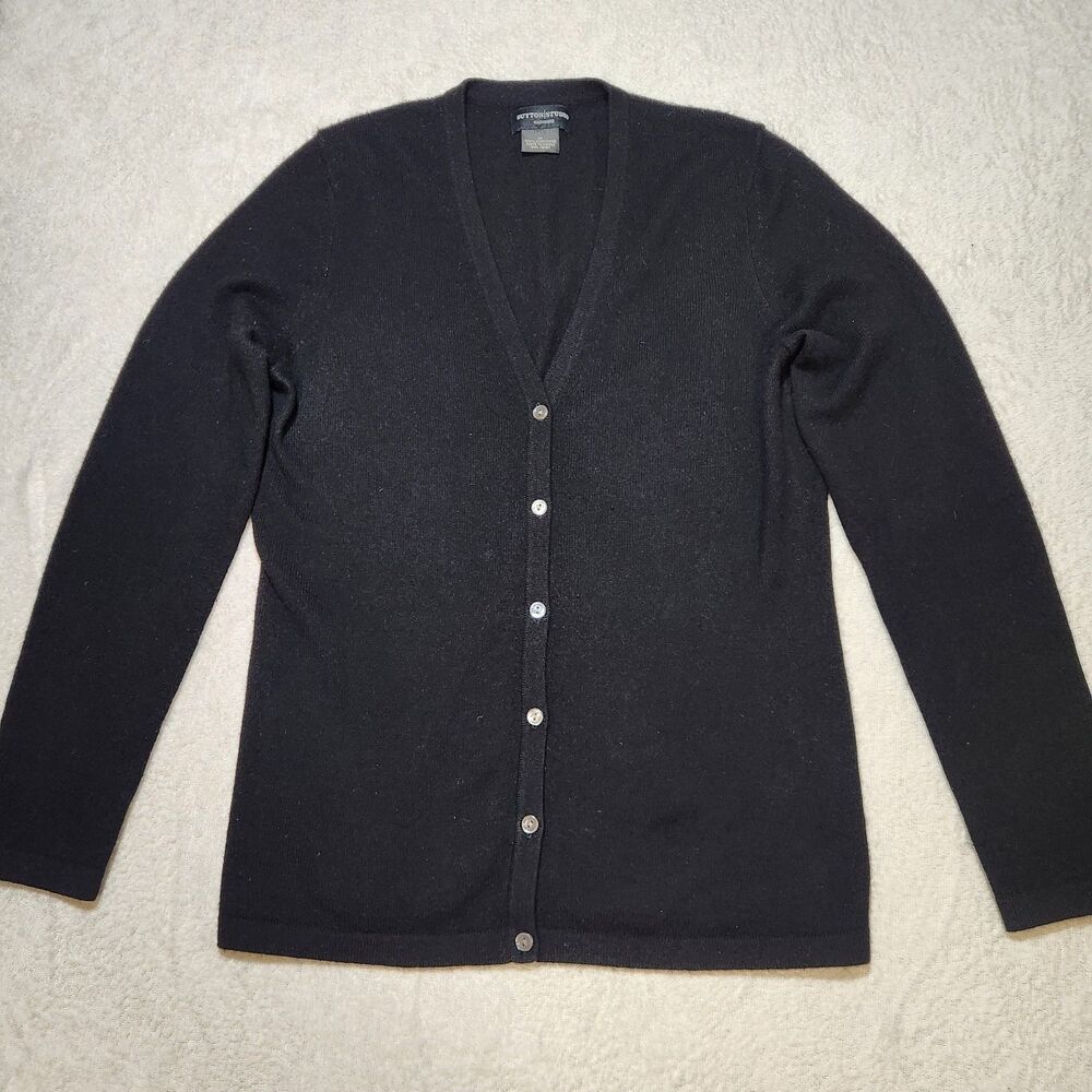 Sutton Studio 100% Cashmere V-Neck Button Cardigan Sweater Size M Black